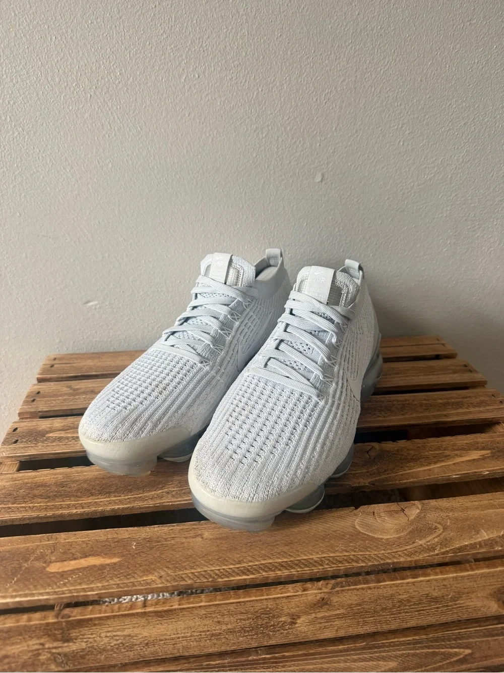 Nike Women’s White and Light Gray VaporMax Flyknit Sneakers